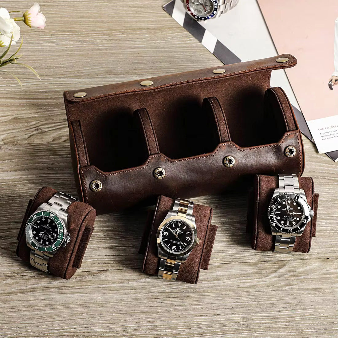 Contacts Family Genuine Leather Watch Roll - 3 Slot